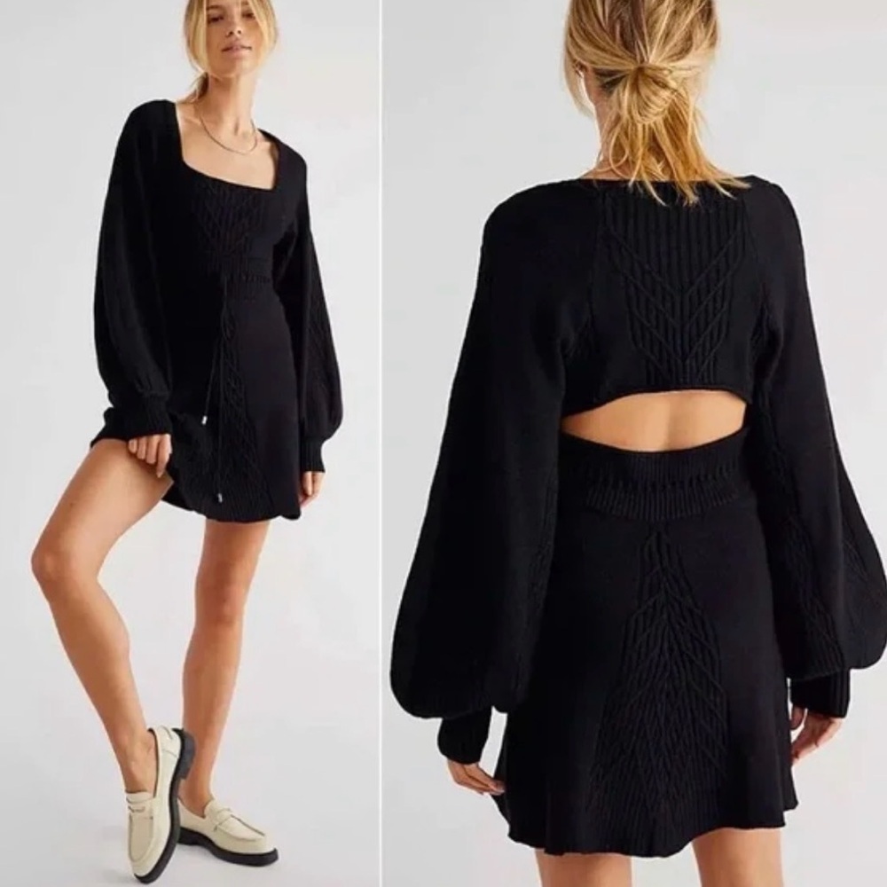 Free People Women's Large Black Emmy Mini Sweater Dress Ribbed Open Back Knit
